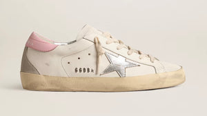 TENIS GOLDEN GOOSE SUPER STAR SILVER LEATHER STAR AND PINK HEEL TAB