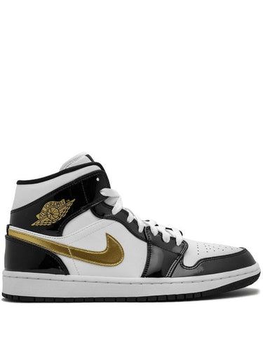 N373O Jordan 1 Mid Patent en negro, blanco y dorado